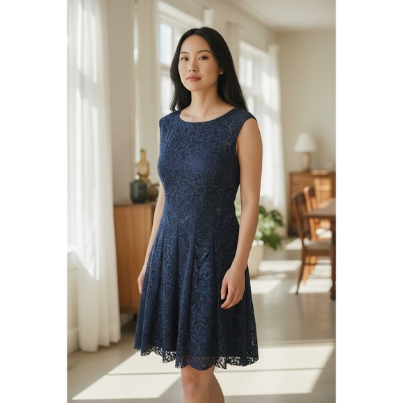 connected apparel Dresses & Skirts - Women's Dark Teal Navy Blue Sleeveless Dress Lace Overlay, Size 8, New With Tags